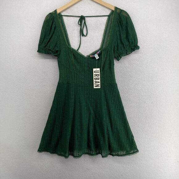 Urban Outfitters Dresses & Skirts - URBAN OUTFITTERS Dress S Roxie Lace Trim Mini Puff Sleeve Nylon Green NEW
